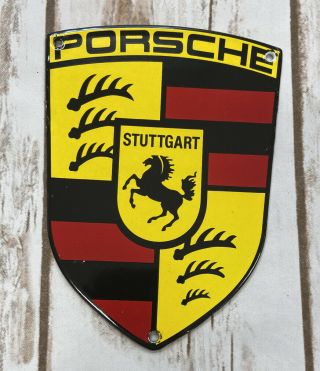 Vintage Porsche Shield 6” Porcelain Metal,  Enamel,  Car Push Gas & Oil Sign
