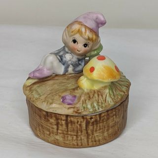 Vintage Homco Girl Fairy Trinket Box Bisque Porcelain Pixie Elf Sprite