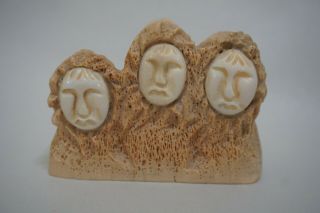 Vintage Inuit Fossilized Whale Bone Face Mask Sculpture Figure Of 3 Eskimo