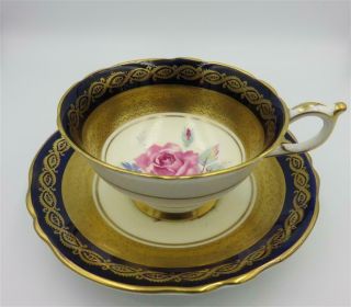 Vintage Paragon Cobalt Footed Cup & Saucer W/pink Roses & Heavy Gold Signed A195