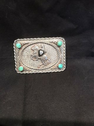 Vintage Turquoise And Gemstone Western Belt Buckle Spanish Conquistador On Horse
