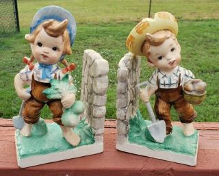 Vintage Adorable Ucagco Boy Girl Bookends Country Kids Farmers Figurines