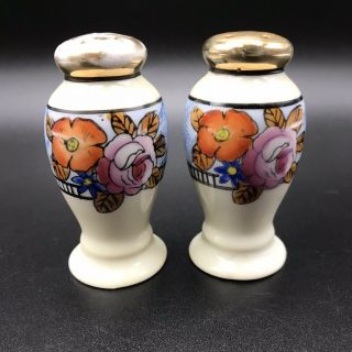 Vintage Porcelain Pink Orange Blue Hand Painted Floral Salt Pepper Shakers Japan