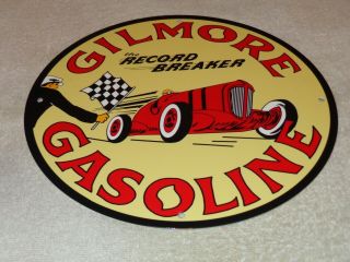 Vintage Gilmore Record Break Gasoline Car,  Flag 11 3/4 " Porcelain Metal Oil Sign