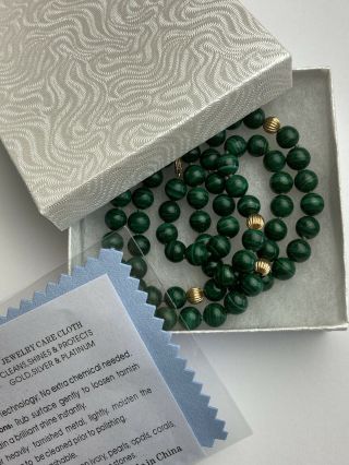 Malachite Stone & 14k Gold Ball Bead Vintage Necklace Jewelry Forest Green