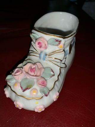 Vintage Retro Napco Japan Pink Green Floral Rose Baby Bootie Planter Shoe Boot