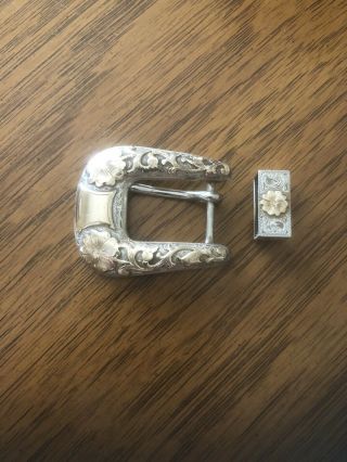Vintage Sterling Silver 10k Yellow Gold Ranger Belt Buckle And Keeper