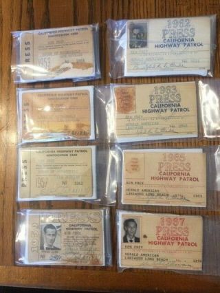 Eight 1953 To 1967 California Highway Patrol Id Cards - Press Passes