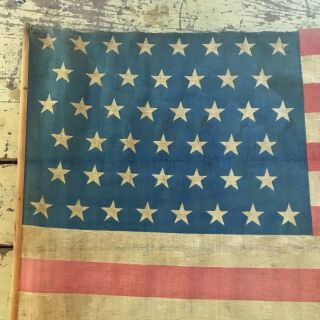 Antique 45 - Star American Parade Flag,  Staggered Stars,  Muslin & Wood,  19.  5 " X34 ",  Vtg
