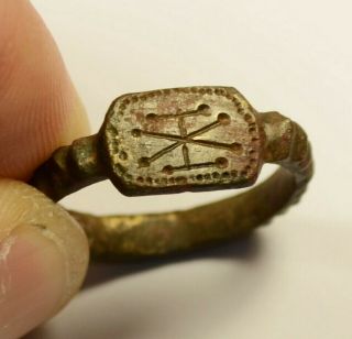 Scarce Ancient Byzantine Bronze Ring With Symbols / Inscriptions