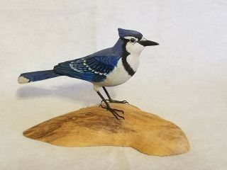 Hand Carved And Painted Blue Jay Bird Artist Signed Figure Sculpture Wood Mount