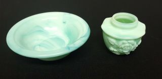 Vintage Avon Green Marble Milk Glass Moonwind Powder Sachet Jar (no Lid) & Bowl