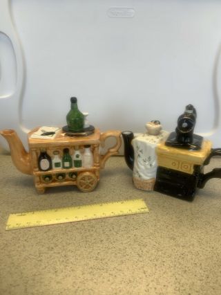 Set 2 Novelty Small Tea Pots Removable Top Unique Size 5 " X 4 " Sewing.  Wine Cart