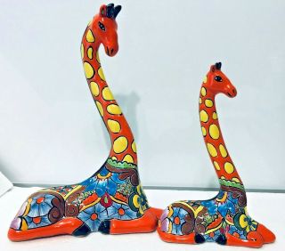 Mexican Pottery Talavera Animal Giraffe Mother & Baby Figurine Statue Folk Art