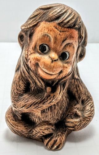 Vintage Cute Ceramic Monkey Figurine With Wood Texture,  Natural Browns,  Small