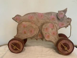 Vintage Folk Art Hand Painted Wooden Pig On Wheels Country Farmhouse Pull Toy