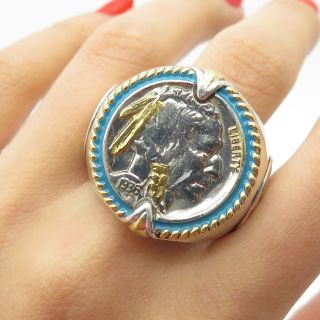 Vtg 1936 Solid Silver Large Native American Head Real Coin Signet Ring Size 13.  5