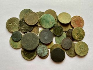 Metal Detecting Finds Group Of 36 Copper Milled Coins,  17th,  18th,  19th Century