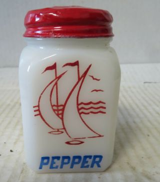 Vintage Milk Glass Pepper Shaker Sailboat Image Metal Cover