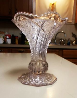 Antique Pressed Glass Crystal Vase Pattern 6 1/4 " Tall 5 1/2 " Top Dia