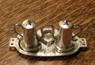Vintage Mt.  Hood Oregon Mini Salt & Pepper Shakers Teapot W/ Tray Metal Made In