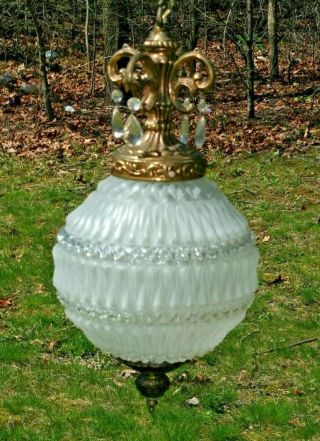 Vtg Hanging Lamp Mid Century Modern Hollywood Regency Frosted Glass 21 " Tall
