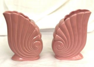Vintage Set Of Pink Ceramic Art Deco Vases Seashell Nautilus Vase Set