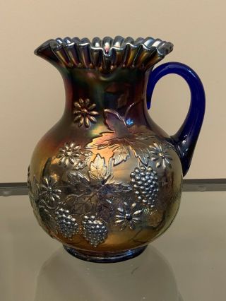 Fenton Carnival Glass,  Cobalt Blue,  9.  5 " Pitcher,  Floral & Grape Pattern,  Vintage