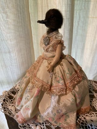 Taxidermy Chick Head On Vintage Doll Antique Dress Book Victorian Black 9”