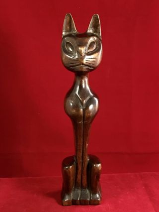 Vintage Teak Wood Siamese Cat Sculpture Mid Century Modern Hand Carved Mcm 13”