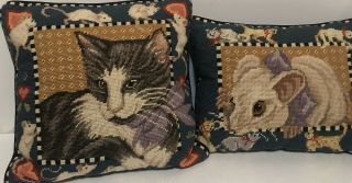Sweet Cat,  Kitty Wool Needlepoint Pillow 14 " X14 " Cotton Filled,  Chasing Mouses