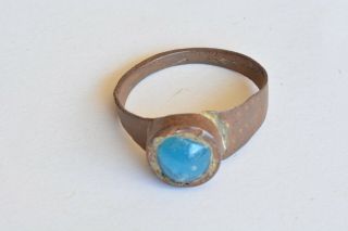 Greek Roman Byzantine Medieval Bronze Ring 100 - 1200 Ad Sz 6 Blue Stone