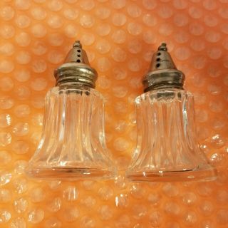 Vintage Clear Crystal Glass Salt And Pepper Shakers With Metal Lids Bell Shaped