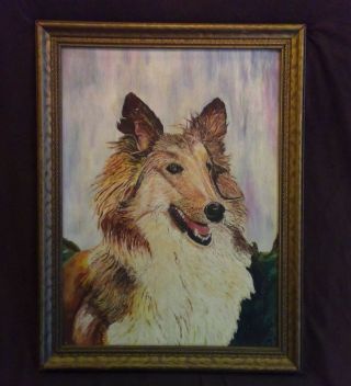 Vintage Oil On Canvas Board Framed Painting Collie Dog 1947 Signed " Ah "
