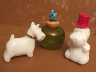 Vintage Avon Glass White Terrier,  White Hippo W Red Hat Green Birdfeeder W/ Bird