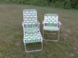 Vintage Folding Aluminum Webbed Chaise Lounge Lawn Pool & Chair Green & White