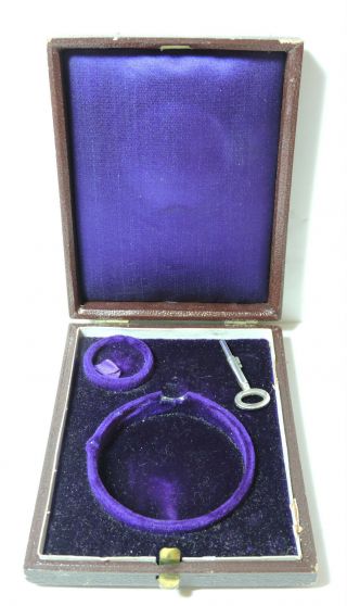 Antique Vintage Victorian Deco Fitted Leather Pocket Watch Box & Key Velvet In