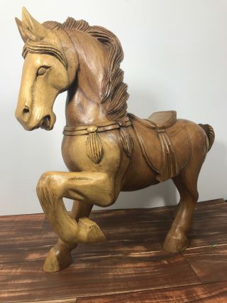 22x7x19 " Hand Carved Wooden Horse Statue W/ Wearing A Saddle Decorative Reins