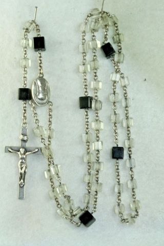 Vtg Art Deco Sterling Silver Square Crystal Bead Rosary