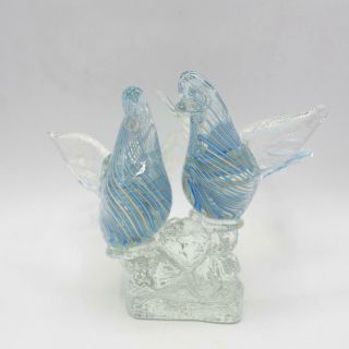 Vintage Crystal Clear & Blue Doves Hand Blown Glass Figurine