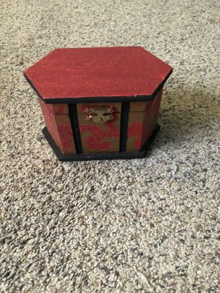 Vintage Hand - Painted Glitter Red And Black Folk Art,  Wooden,  Trinket Box 3 In