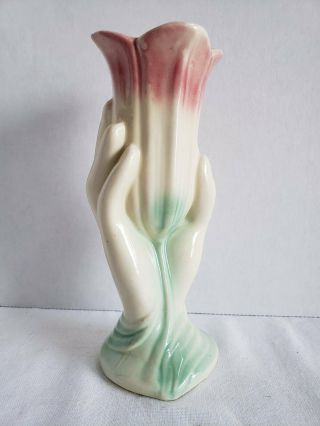 Vtg Hand - Painted Green Pink Pottery Ceramic 7 " Hand Holding Tulip Flower Vase