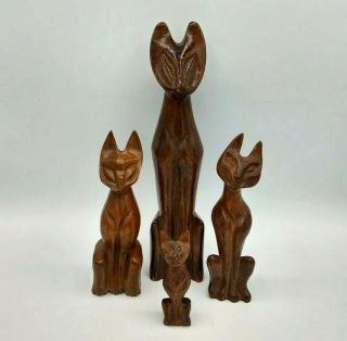 Vintage Set 4 Hand Carved Wood Dark Brown Wooden Siamese Cat Figurines