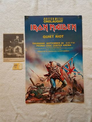 Vintage 1983 Iron Maiden Quiet Riot Concert Poster Ticket Stub Peoria