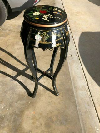 Vintage Oriental Asian Stool Stand Mother Of Pearl,  Black Lacquer Chinese Art