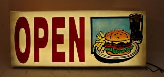 Vintage Lighted Restaurant Diner Open Window Sign,  Hamburger & Fries 37 " X 15.  5 "