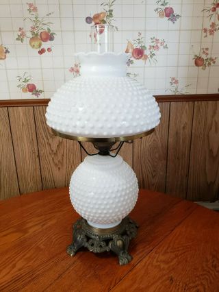 Vintage Hurricane Lamp White Milk Glass Hobnail 20 " Tall 3 Way Lighting