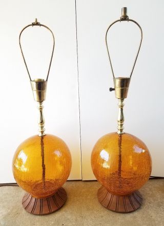 2 Pair Vintage Mid Century Lamps Orange Amber Glass Orb Ball Wood Mcm