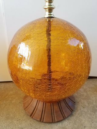 2 Pair Vintage Mid Century Lamps Orange Amber Glass Orb Ball Wood MCM 2