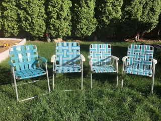 Set Of 4 Vintage Webbed Aluminum Folding Lawn Chairs Blue Ok